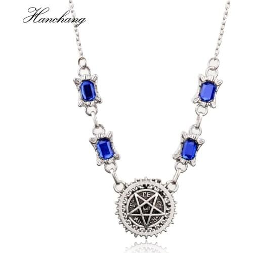 HANCHANG Supernatural Black Butler Pentacle Pentagram Crystal Pendant Necklace Women Party Gift Witch Protection Star Necklace