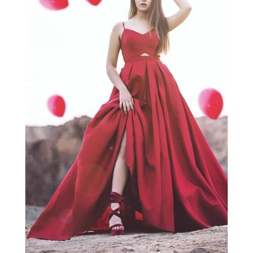 Long Satin A Line Prom Dresses 2021 V Neck Spaghetti Straps Formal Evening Party Dress Lace-up Back Robe De Soiree