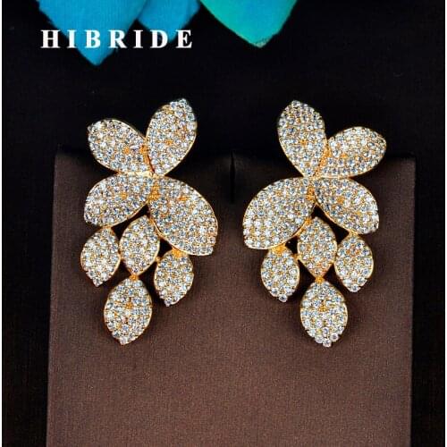 HIBRIDE Luxury Flower Shape AAA+ Cubic Zironia Pave White Gold Color Stud Earrings For Women Jewelry Boucle d'oreille Gift E-778