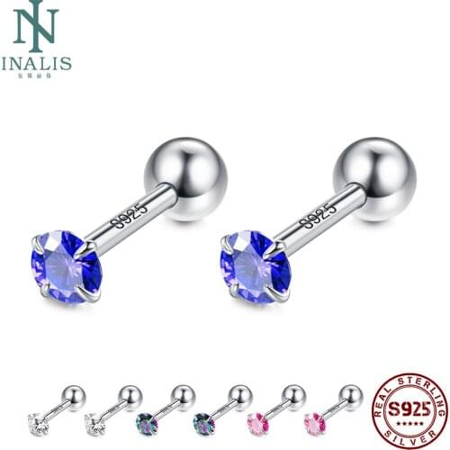 INALIS 925 Sterling Silver Round Small Stud Earrings Wedding Exquisite Clear Zircon Earring For Women Trendy Jewelry 4 Colors