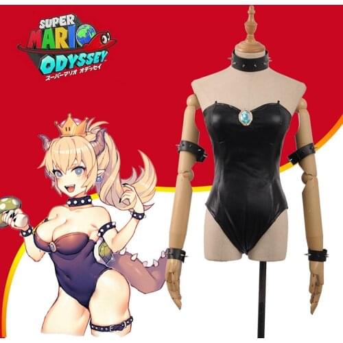 Mario Princess Kuppa Bowser Bowsette Koopa Hime Cosplay Costume Custom Sleeveless Faux Leather Jumpsuits