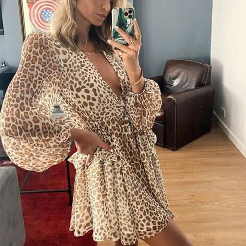 Foridol 2020 New Trend Autumn Winter Dress Chiffon Balloon Sleeve Mini Dress V Neckline Drawstring Leopard Print Women Dress