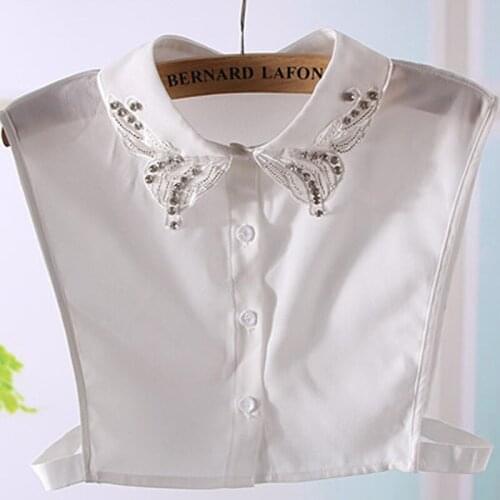 Original decorative letter lattice wild shirt Pearl Cute decoration white fake collar fashion wild shirt embroidered butterfly