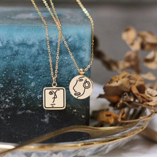 Amaiyllis 18K Gold Necklace Face Abstract Hand-Painted Black Enamel Geometric Portrait Chain Clavicle Necklace For Lovers Gift