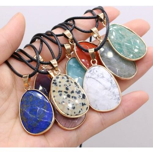 Natural Stone Pendant Necklace Irregular Faceted Lapis Lazuli Crystal Agat Wax Thread Chain Necklaces for Women Reiki Jewelry
