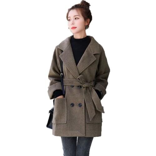 Fashion Womens Woolen Coat NEW 2020 Autumn Winter Mid-Length Double Breasted Wool Jacket Lady Pocket Outerwear With Belt W272