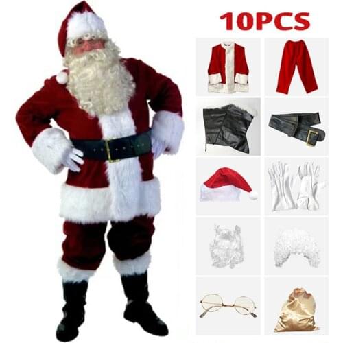 A Full Set Christmas Costume Santa Claus Costume for Adults Red Christmas Clothes Santa Claus Luxury Suit+Hat+Beard+Gloves+Belt