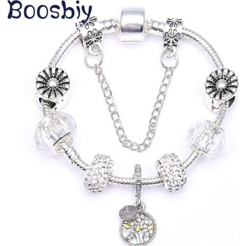 European Style Silver Plated Snake Chain Charm Bracelet With Family Tree Pendant DIY Brand Bracelet For Women Christmas Gift
