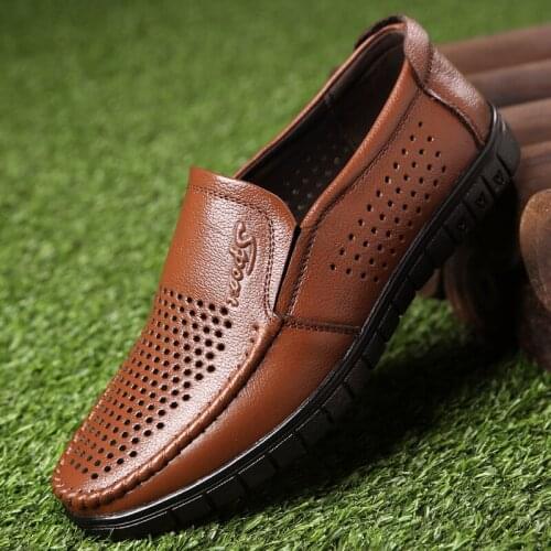 Sandals Summer Mens Shoes New Hollow-out Leather Shoes Mens Soft Bottom Air-permeable Leisure Cowskin Business Leather Shoes