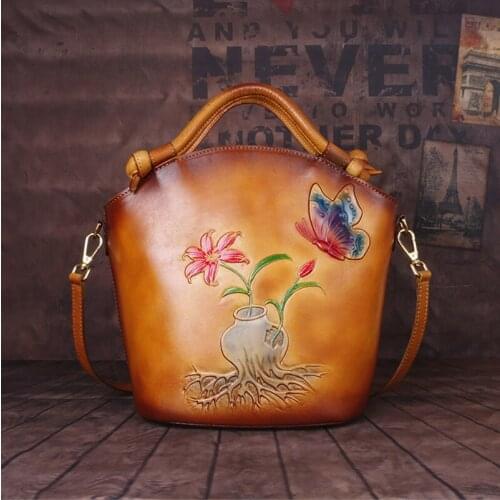 Handmade Retro Handbags Women Bags Designer Bucket Tote 2021 Embossing Cowhide Leisure Shoulder & Crossbody Bag Bolsa Feminina