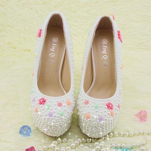2018 Handmade Round ToeFull Pearl Beaded High-heeled Bridal Dress Shoes Wedding Shoes Party Ball Prom Shoes Size 35-39