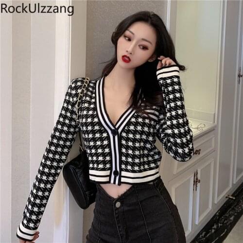 Sexy V-neck Houndstooth Slim Crop Top Knit Plaid Button Coat Sweater Knitted Crop Top Fashion Cardigan Long Sleeve Outfit Jumper