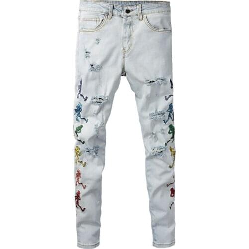 Streetwear Fashion Men Jeans Light Gray Blue Elastic Slim Ripped Jeans Men Embroidery Patch Designer Hip Hop Denim Punk Pants