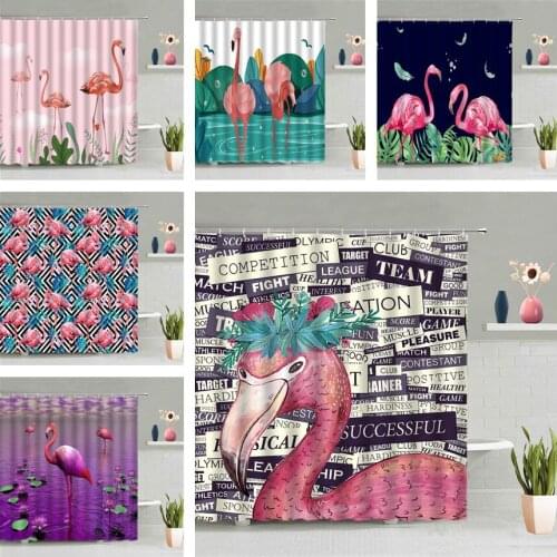 Cartoon Flamingo Shower Curtain Flower Bird Tropic Animal Green Plant Girl Children Bathroom Decor Waterproof Hanging Curtains