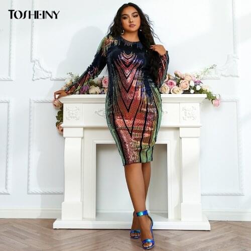 Tosheiny 2021 Woman Plus Size Dress Elegant Sexy Midi Sequins Long Sleeve Party Evening Vestidos Bodycon Fashion Curve 2XL 3XL