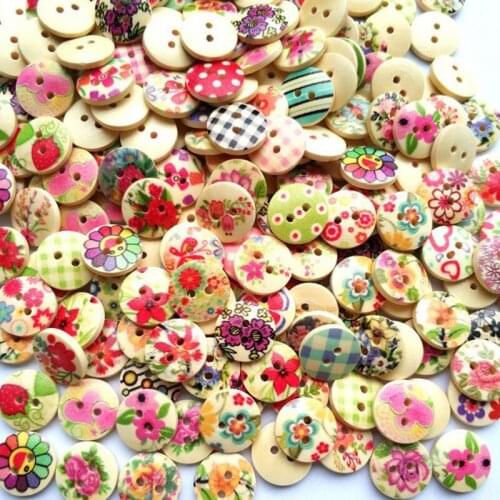 100PCS 15mm Round Two-hole Printed Button Colorful Mixed Wood Buttons Childrens Clothes Diy Handmade Accessories