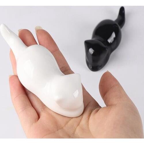 2pc white + black Chinese Calligraphy Painting Sumie Ceramic Brush Rest Holder Cat Design