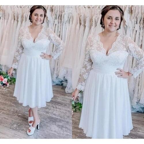 2021 Boho Short Wedding Dresses Scalloped V Neck Long Sleeves Chiffon Tea Length Custom Made Plus Size Beach Wedding Gown vesti
