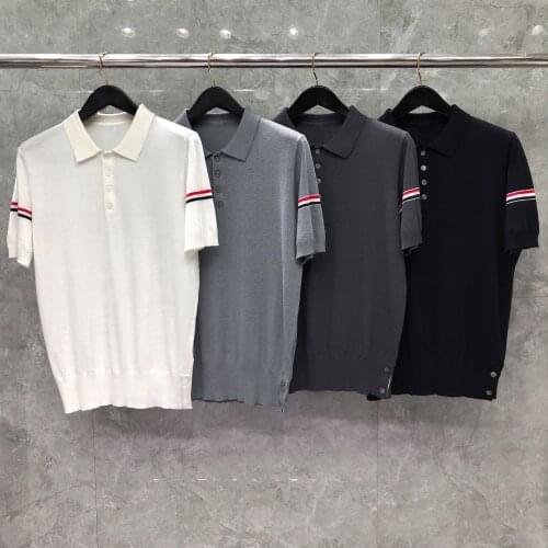 2021 Fashion TB THOM Brand Polo Shirts Men Casual Slim Cotton Polo Turn Down Collar Summer Short Sleeve Striped Polo Clothing