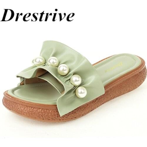Drestrive Women Slippers Round Toe Low Heels Ruffle PU Leather 2021 Summer Fashion Flat Sandals Platform Child Casual Shoes