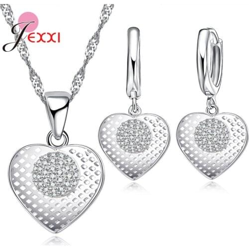 Geometric 925 Sterling Silver Jewelry Set For Women Cubic Zirconia Crystal Pendant Necklace Earrings For Bridal Wedding Gift