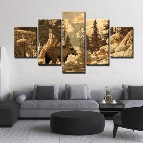 Canvas Painting Home Animal Decoration Wall Art Prints Modular Bear Picture Modern Stone 5 Panel Poster For Living Room Framed