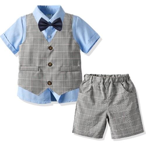 KEAIYOUHUO Boys Set 2020 New Summer Children Short Sleeve Shirt Shorts Send Bow Tie Gentleman Four-piece Kids Performance Set