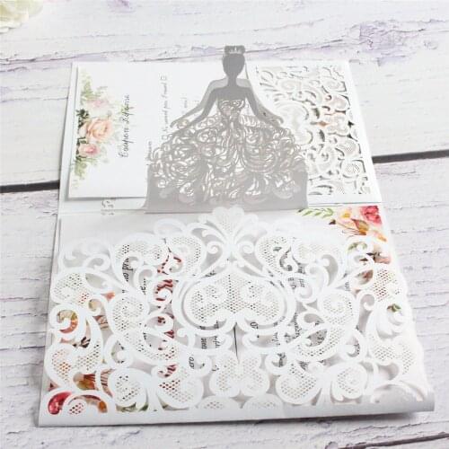 Laser Cut Girl Pop Up Invitation Card Floral Tri-Folded Pocket Customized Printing Anniversary Birthday Celebration Invite