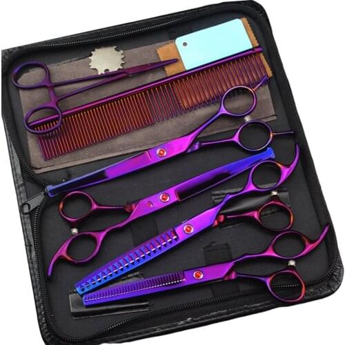 7 Inch Purple Stainless Steel Blunt Round Tip Straight Cutting Thinning Curved Titanium Professional Scissors Set