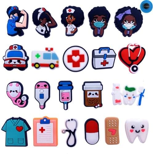Wholesale 21PCS Mix Medical Equipment Series Shoes Charms PVC Cartoon Accessories Buckles Doctors Icon Decor Fit Hole Slipper
