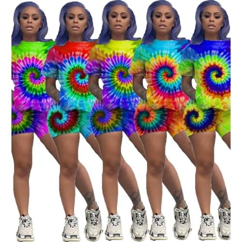 Casual Tie Dye Print Two Piece Set Women Summer Fashion Short Sleeve Top And Shorts Set Loose Plus Size Outfits Female