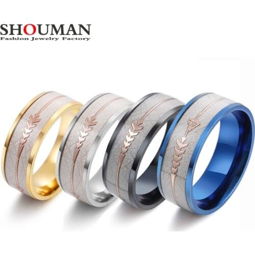 SHOUMAN 316L Stainless Steel Inlay Cupid Arrow Wedding Bands Love Gold Black Rings for Women Mens Engagement Couple Jewelry