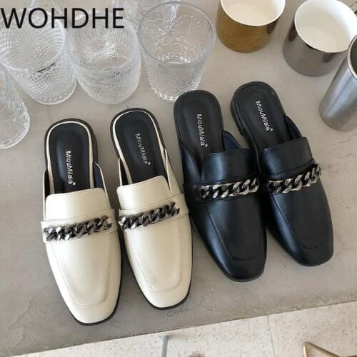 Woman Metal Chain Solid Flats Slippers Brief Closed Toe Soft Leather Slides Ladies Comfy Casual Flip Flops 2021 Half Mulers