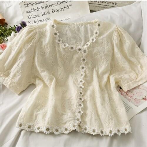 Summer sweet wind three-dimensional flowers single-breasted short section puff sleeve slim shirt women