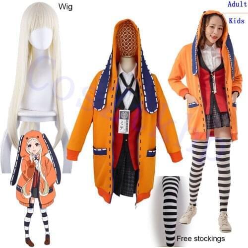 Yomoduki Runa Cosplay Costume Kakegurui Compulsive Gambler Runa Cosplay Wig and Orange Hooded Jacket JK Uniforms with wigs