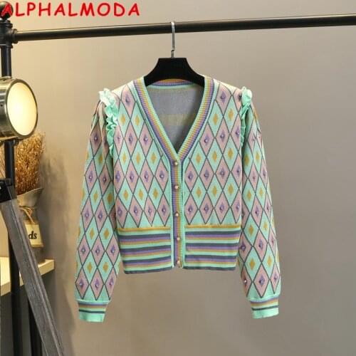 ALPHALMODA Heavy Work Studded Plaids Knitted Coat Womens Autumn Winter New V-neck Slim Long Sleeve Sweater Cardigan