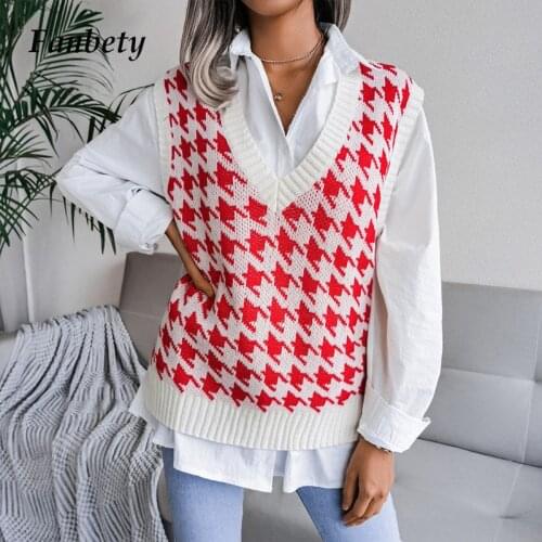 2021 Autumn V-Neck Casual Loose Knit Vest Sweater Women Fashion All-Match Pullover Tops College Style Diamond Print Tank Sweater