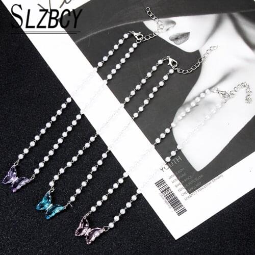 Pink Blue Crystal Butterfly Necklace for Women Girls Sweet Fashion Pearl Choker Necklace Female Wedding Jewelry Gifts Wholesale