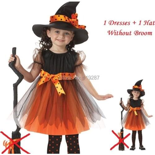 2017 Girl 1 Witch Dress + 1 hat cap Princess Party Dresses Tutu Baby Kids Children Clothing carnival halloween Cosplay Costume