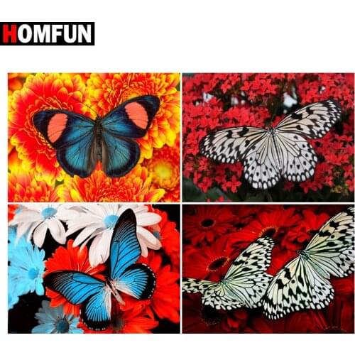 HOMFUN 5D DIY Full Diamond Embroidery "Butterfly red flower" Diamond Painting Cross Stitch Rhinestone Home Decoration