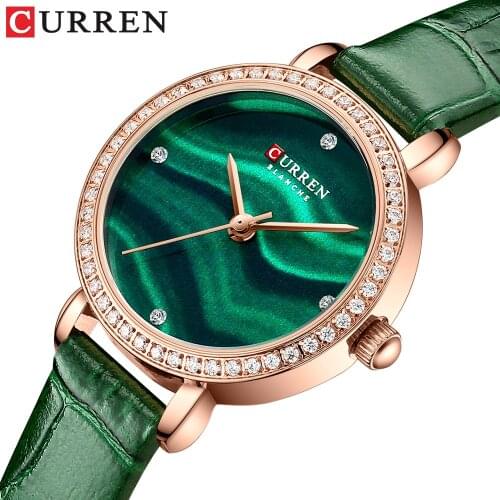 CURREN Luxury Branded Rhinestone Quartz Wristwatches Womens Charming Wrist with Thin Watch Leahter Clock Female