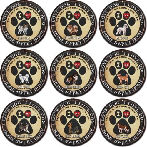 [ Decorman ] Pet I Love My Dog Pomeranian Husky Poodle Metal Art Tin Sign Vintage Round Painting Gift Bar Decoration R-006 30 CM