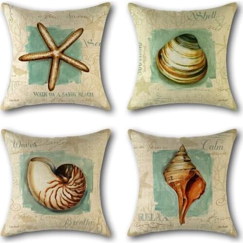 European Retro Style Marine Creature Conch Shell Style Decorative Cotton Linen Throw Pillow Case Car Sofa Cushion Cover 45x45cm