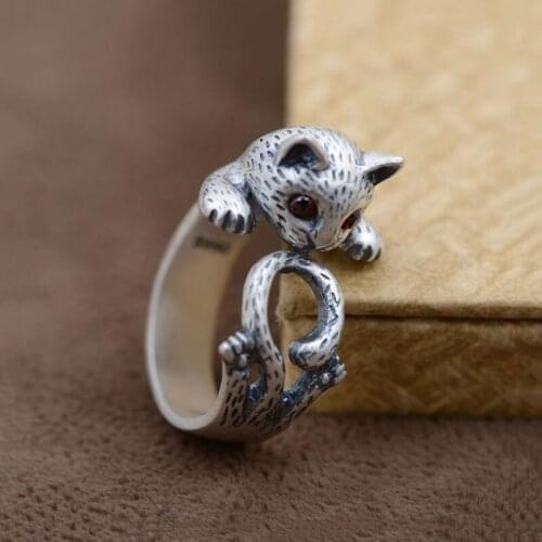 FNJ 990 Silver Matte Cat Ring Original S990 Sterling Silver Rings for Women Jewelry Adjustable USA Size Red Zircon Eye