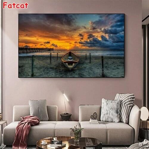 Sunset Beach Boat Diamond Painting Picture Of Rhinestone Embroidery Crystal Beaded Handicraft Diy Cross Stitch Full Drill PP1787