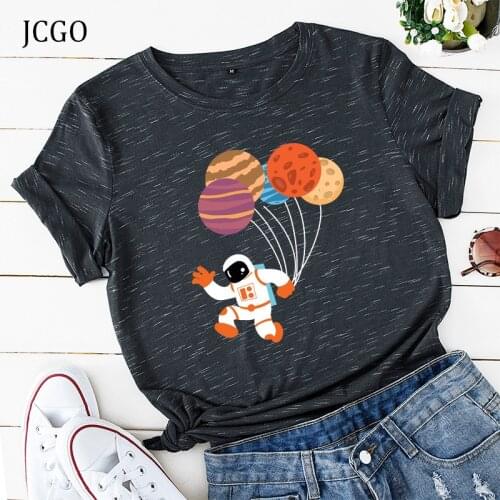 JCGO Summer Cotton Short Sleeve Women tshirt Plus Size S-5XL Cartoon Astronaut Balloon Print Casual Tees Tops O Neck T-shirt