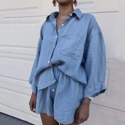 Holiwind 2021 Summer Cotton Sets Women Casual Two Pieces Long Sleeve T Shirts and High Waist Short Pants Solid Outfits Tracksuit