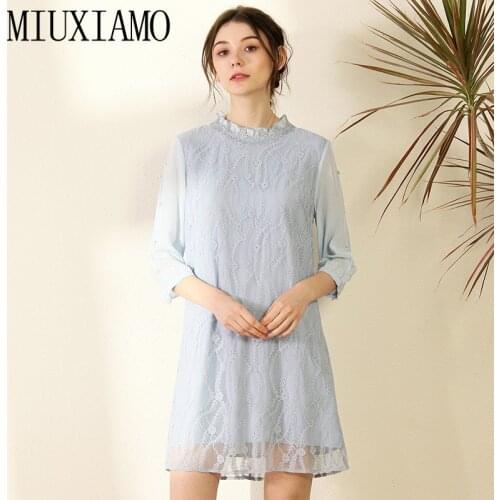 MIUXIMAO High Quality 2020 Spring Silk Dresses Party Female Vintage O-neck Ruffles Solid Lace Casual Dress Women Vestidos
