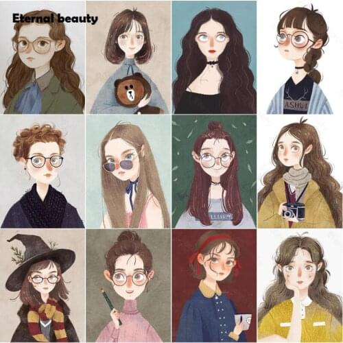 5D Diamond Painting Kit Full Circle Diamond Embroidery Illustration Handmade Diamond Mosaic Cartoon Girls Portrait Home Decor