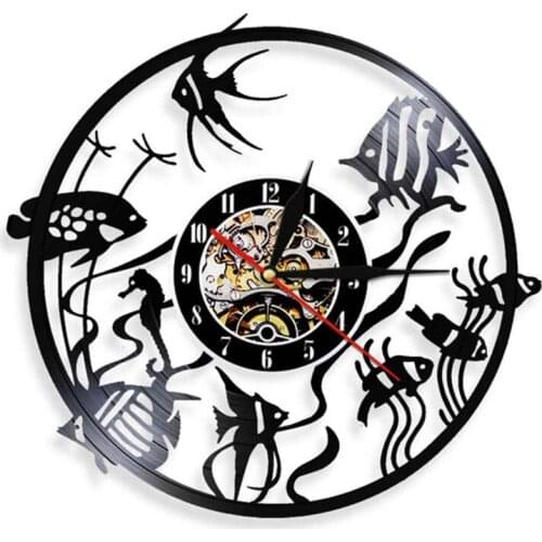Aquarium Fish Tank Goldfish Vinyl LP Record Wall Clock Home Decor Tropical Fish Sea Animals Carved Gramophone Music Record Clock